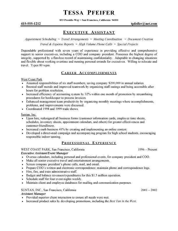 Executive Assistant Resume Free Sample Resumes