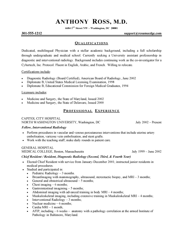 Physician Resume Free Sample Physician Resumes